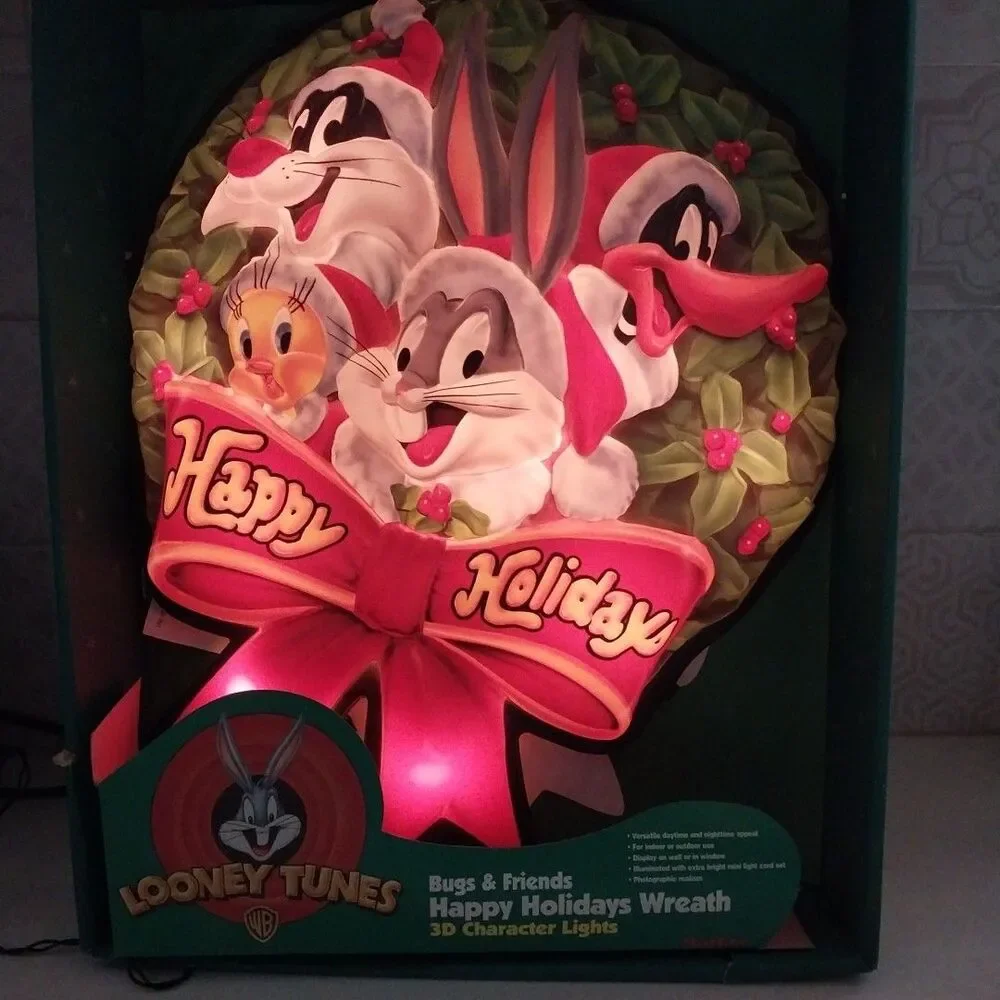 Vintage 1997 Looney Tunes Bugs Bunny Lighted Christmas Wreath 3D Warner Bros